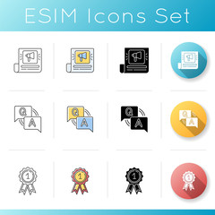 Social media blog icons set. News article. Question and answer. First place reward. Customer support service. Bestseller medal. Linear, black and RGB color styles. Isolated vector illustrations