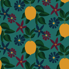 seamless repeating pattern with leaves, flowers and lemons