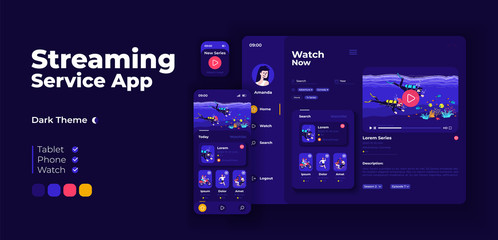 Live streaming service app screen vector adaptive design template. Video blogging application night mode interface with flat characters. Public broadcasting smartphone, tablet, smart watch cartoon UI