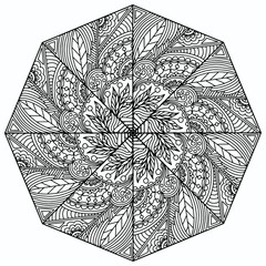 Octagon shaped mandala with plants and abstract figures drawn on a white background to be colored, vector, for coloring, isolated