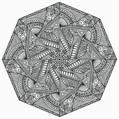 Octagon shaped mandala with figures and abstract lines with folk style flowers drawn on a white background to be colored, vector, for coloring, isolated