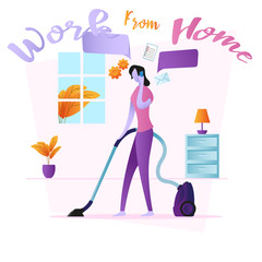 Vector illustration of a woman working from home. Women calling while doing housework. Work from home because of the covid-19 pandemic. Woman cleaning the house vector illustration