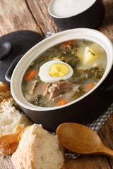 Summer sour green borsch with sorrel, vegetables, meat and egg served with bread and sour cream closeup on the table. vertical