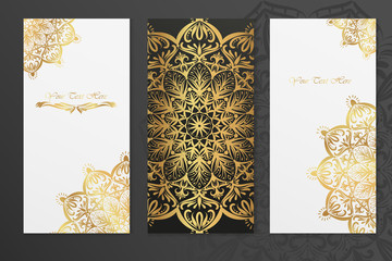 Three vector greeting cards with golden lace mandalas and with space for text