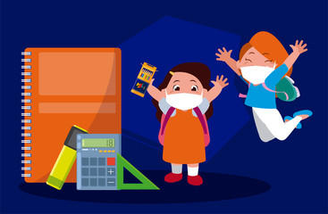 Girl and boy with masks school books calculator ruler and mark vector design
