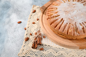 Homemade Organic Apple Pie with almond and cinnamon. Dessert Ready to Eat