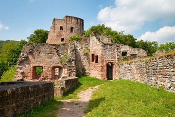 Courtyard of the castle ruins Hardenburg from the 13th century under blue sky