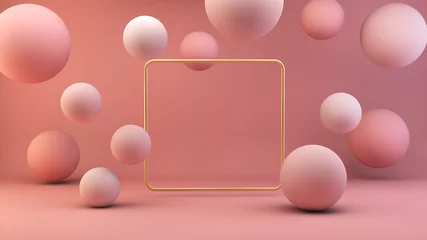 Fotobehang gold frame with floating spheres © MclittleStock