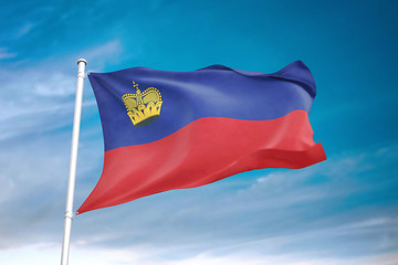 Liechtenstein flag waving sky background 3D illustration