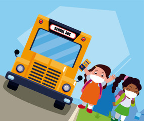 Girls kids cartoons with masks school bags and bus vector design