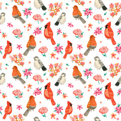 Seamless watercolor birds and flowers on a white background, red and orange wild birds and plants