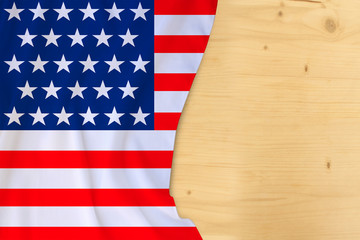 USA silk national flag, wooden blank for text, concept of tourism, travel, emigration, global business, independence day