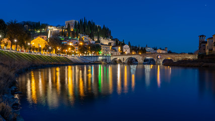 Fototapeta na wymiar verona cityscape sunset, Ponte Pietra, Verona, with Adige