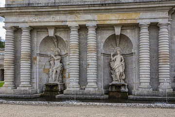 Terrace of the constable, decorated with niches where placed statues in famous Chateau de Chantilly (Chantilly Castle, 1560). Chantilly, Oise, Picardie, France. 