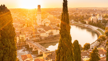 verona cityscape sunset ponte pietra, italy
