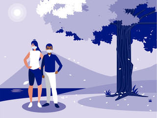 Woman and man with mask in front of landscape vector design