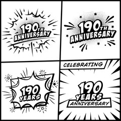 190 years anniversary logo collection. 190th years anniversary celebration comic logotype. Pop art style vector and illustration.