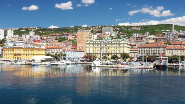Croatia, city of Rijeka, aerial panoramic view of city center, marina and harbor from drone, drone reveal footage