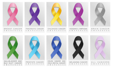 Set of realistic awareness ribbons different color.