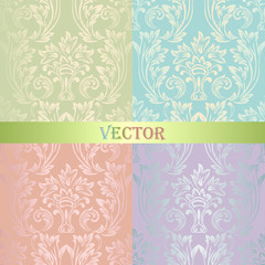 A set of vintage seamless Damask patterns. Golden collection of pastel colors of the ornament. Brilliant blue, green-beige, pink, purple background. Openwork fashion Wallpaper, lace fabric in vector