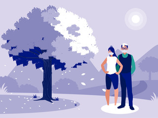 Woman and man with mask in front of landscape vector design