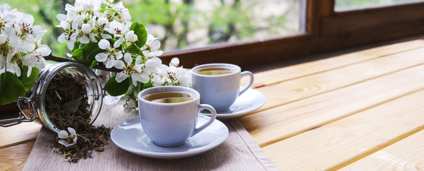 two white cups on a saucer and loose tea in a jar on a light wooden table. Near the white flowers of Apple or plum trees. banner with copyspace