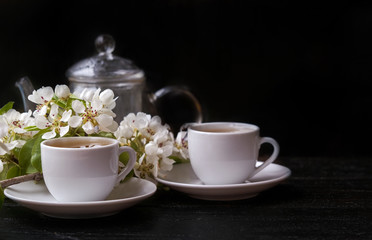 two white cups on a saucer on a dark wooden table. Near the white flowers of Apple or plum trees and teapot