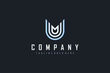 Abstract Initial Letter M and U Linked Logo. Blu and White Geometric Linear Style isolated on Black Background. Usable for Business and Building Logos. Flat Vector Logo Design Template Element. © sangart
