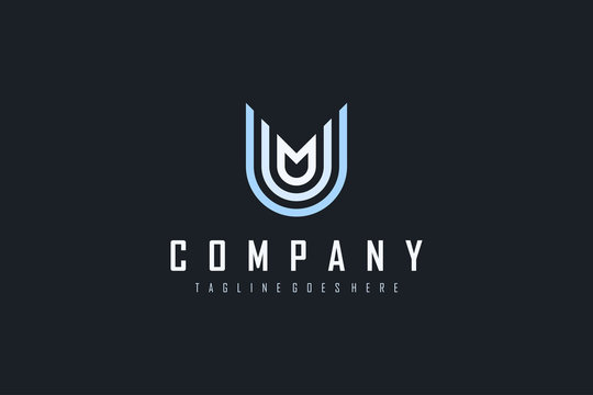 Abstract Initial Letter M and U Linked Logo. Blu and White Geometric Linear Style isolated on Black Background. Usable for Business and Building Logos. Flat Vector Logo Design Template Element.