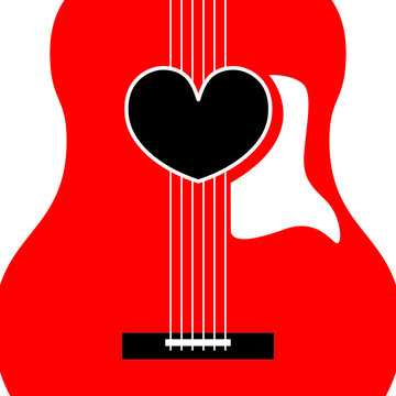 Red guitar and sound hole in the shape of a heart, love for music