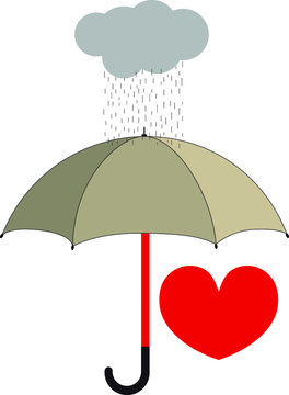 An umbrella shelters a heart from a gray cloud from which rain falls