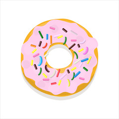 Vector illustration of a donut in pink glaze with multi-colored pastry topping isolated on a white