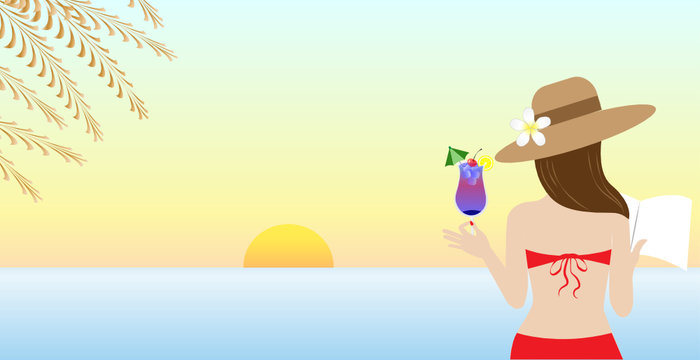 Young beautiful woman in red bikini holding book and cocktail drink in blue sky and sea background. Flat design with copy space.Vector Illustration.Idea for travelling, summer and holiday vacation.