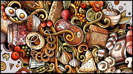 Fototapeta premium Russian food hand drawn doodle banner. Cartoon detailed flyer.