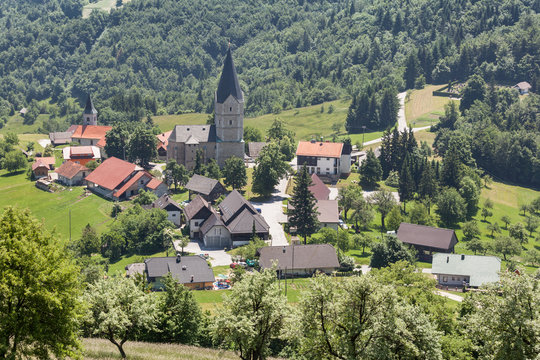 Small village Svetina near Celje, a famous pilgrimage site with Holy Mother church, Slovenia
