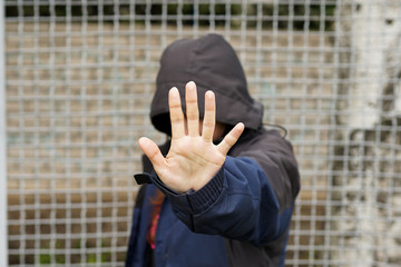 Woman hand sign for stop abusing violence, Human Rights Day concept.
