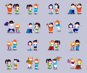 Set of girls and boys kids cartoons with masks and school bags vector design