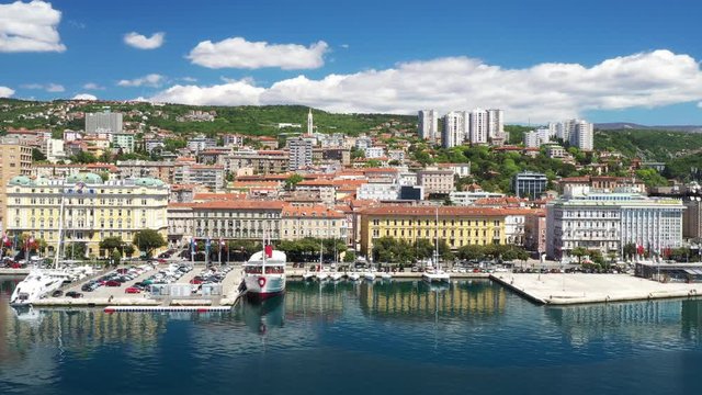 Croatia, city of Rijeka, aerial panoramic view of city center, marina and harbor from drone