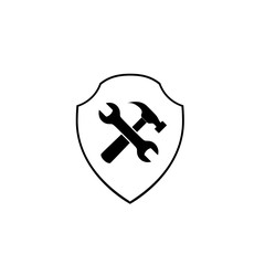 Hammer and wrench on shield icon isolated on white background
