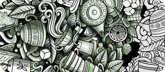 Naklejka premium Tea hand drawn doodle banner. Cartoon detailed flyer.