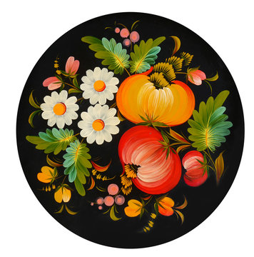 Ukrainian plate is painted with Floral Ukrainian  style of Petrykivka painting. Ukrainian décor on white isolated background.