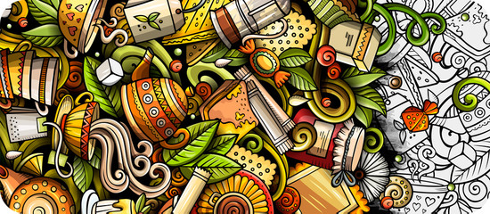 Obraz premium Tea hand drawn doodle banner. Cartoon detailed flyer.
