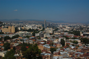Tbilisi city panorama. Old city, new Summer Rike park, river Kura, the European Square and the Bridge of Peace