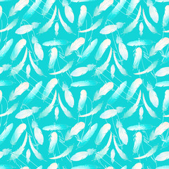 Fototapeta premium Colored turquoise yellow cute feathers seamless pattern on a blue background. Textural watercolor digital art. Print for fabrics, clothes, stationery, banners, cards, wrapping paper, decoration.