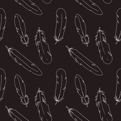 Line cute feathers seamless pattern on a black background. Digital doodle outline art. Print for fabrics, clothes, stationery, banners, cards, wrapping paper, design, posters.