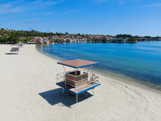Aerial view of Lake Mission Viejo, with recreational facilities and beach Playa Del Norte. Orange County, California, USA