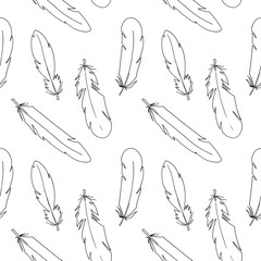 Line cute feathers seamless pattern on a white background. Digital doodle outline art. Print for fabrics, clothes, stationery, banners, cards, wrapping paper, decoration, coloring pages.
