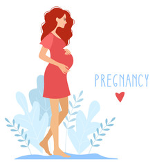 Pregnant woman walking. Happy pregnant woman holds her belly. Decorated beautiful leaves. Decorated beautiful leaves.Vector illustration.