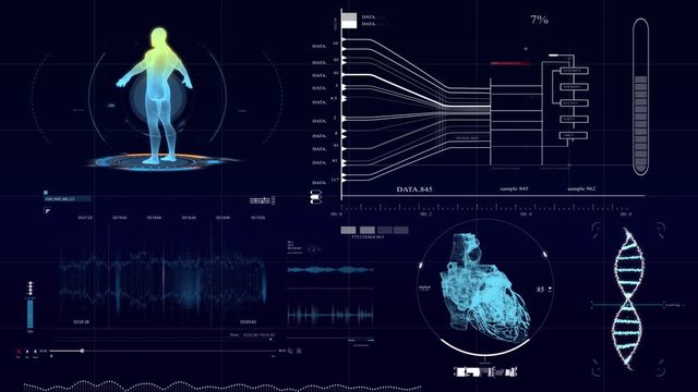 Futuristic Human Male Anatomy Scan animation. Medical hi-tech data monitor. Blinking and switching digital indicators 