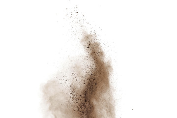 Obraz na płótnie Canvas Coffee explosion isolated on white background.Explosion of brown powder, isolated on white background.
